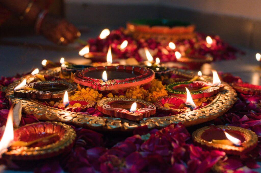 Diyas and candles laied out beautifully for Diwali.