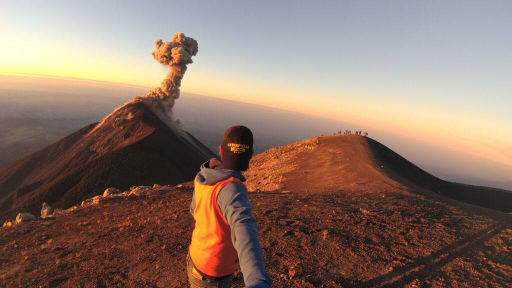 Tourist taking a selfie at Acatenango Volcano